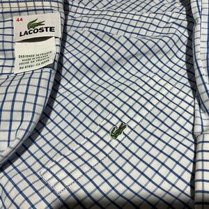 LACOSTE Made in France Cotton Button Down Oxford Shirt Blue White Check Large 44